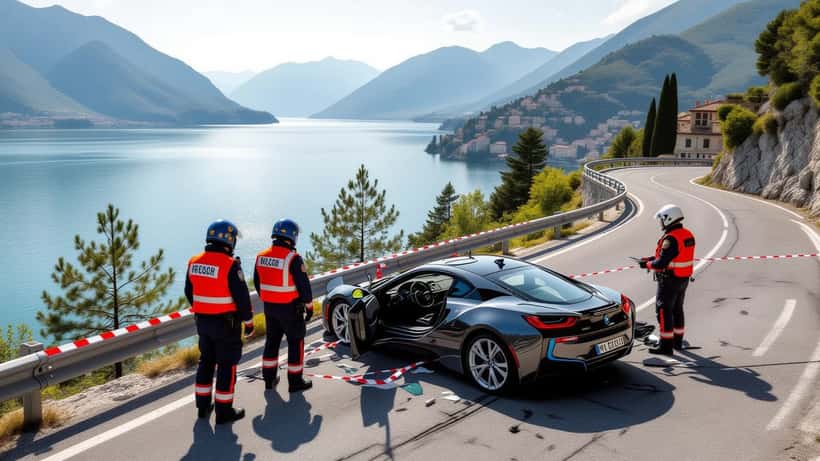 Secours italiens près d'un accident de voiture sur une route de montagne au-dessus du Lac Majeur
