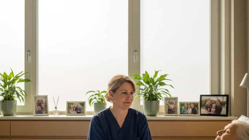 Palliatieve zorgverlener naast patiënt in hospice in Amsterdam, warm en zorgzaam