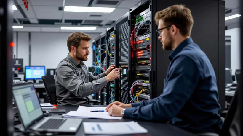 IT-Techniker prüft Server-Rack nach Erdbeben in Innsbruck, Tirol