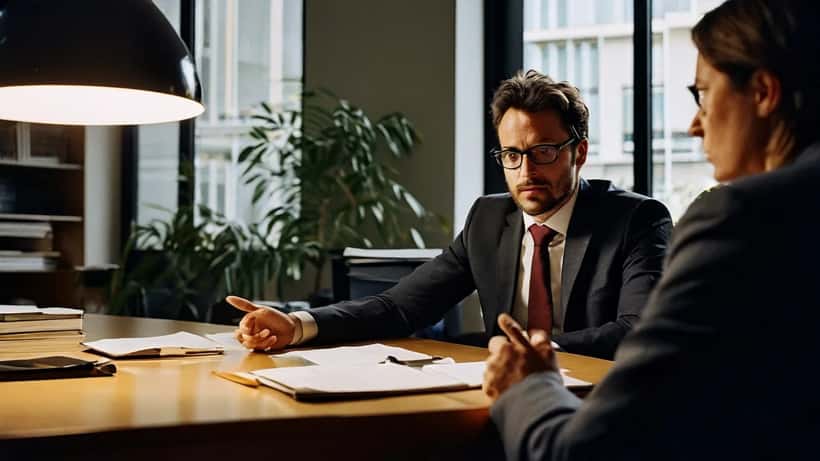 Avocat expliquant les recours juridiques à un client après une altercation