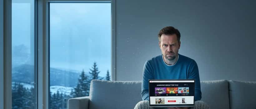 Forbruker sjekker mistenkelig nettbutikk på laptop i norsk stue