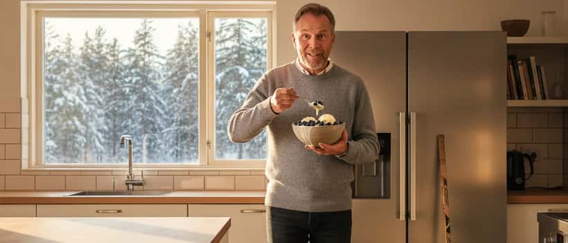 Ishockeyspelare i full utrustning håller en skål glass, symboliserande overraskande sportnutrition och energistrategier