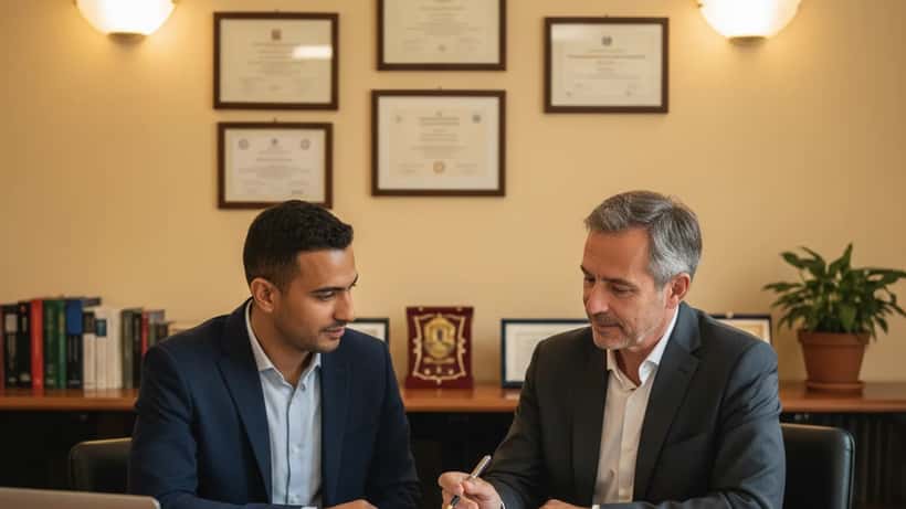 Uomo immigrato consulta un avvocato per la cittadinanza italiana in uno studio legale di Roma