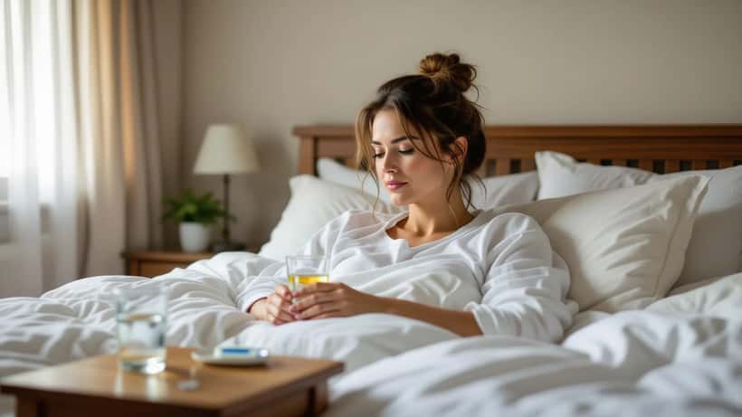 Woman lying ill in bed with electrolyte drink and thermometer on bedside table