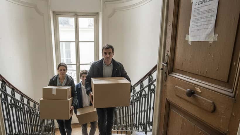 Famille portant des cartons dans un couloir d'immeuble parisien lors d'une expulsion