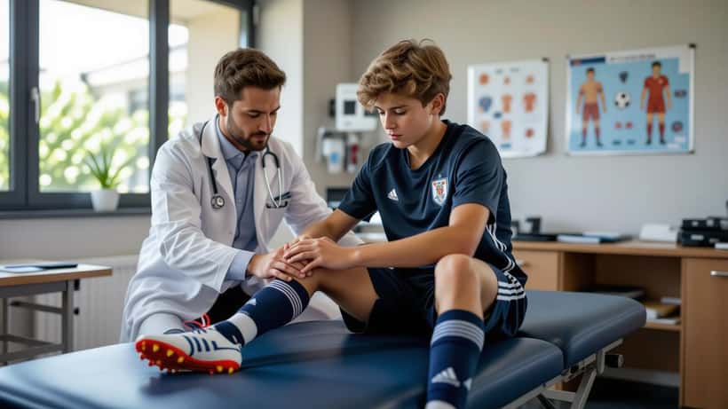 Médico de medicina desportiva examinando joelho de jovem atleta de futebol em clínica