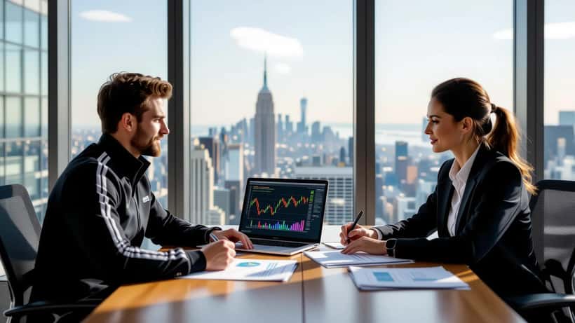 Young athlete meeting a financial adviser at a desk with investment charts on a laptop