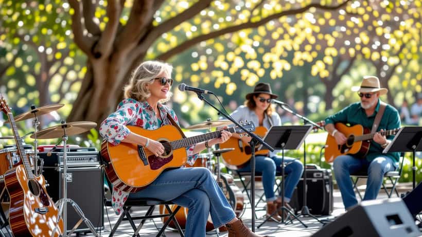 Woman playing acoustic guitar at outdoor folk music stage in Golden Gate Park San Francisco