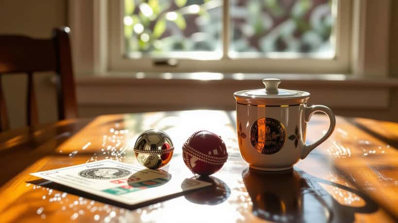 New Bluey Royal Australian Mint dollar coin beside commemorative cricket ball tin packaging on an Australian kitchen table