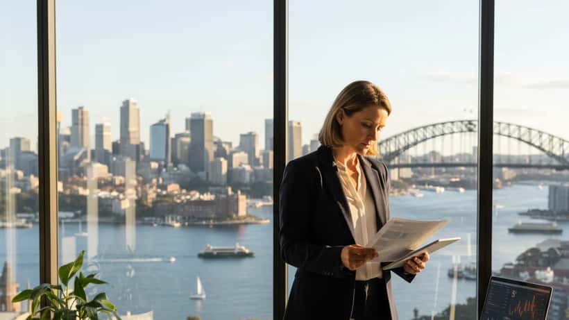 Australian woman reviewing property investment documents in a Sydney office with harbour view