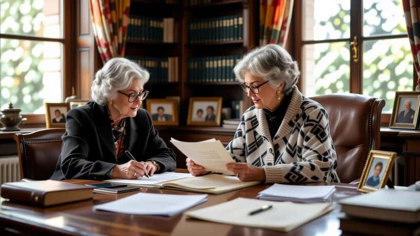 Notaio e donna esaminano un testamento olografo e documenti di successione in uno studio a Milano