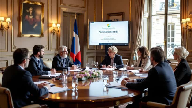 Actionnaires réunis en salle de conseil pour une assemblée générale d'entreprise à Paris en 2026