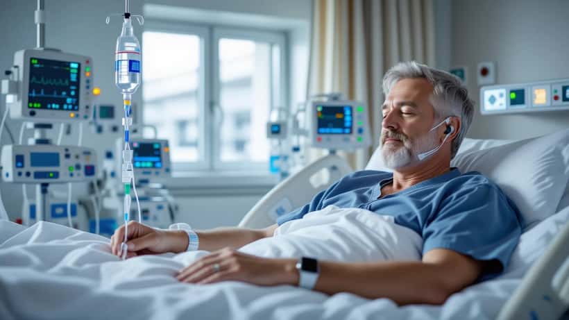 Patient i sjukhussäng med dropp – lunginflammation symtom och behandling