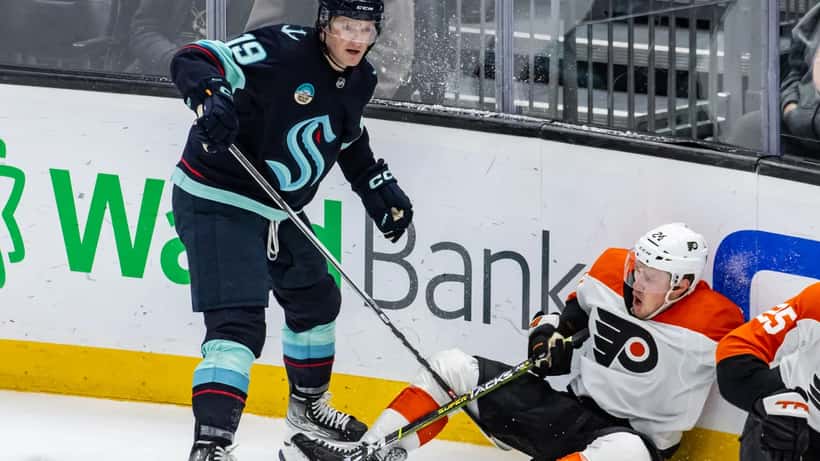 Philadelphia Flyers player in action during an NHL game, illustrating the record offer sheet tendered for Leo Carlsson