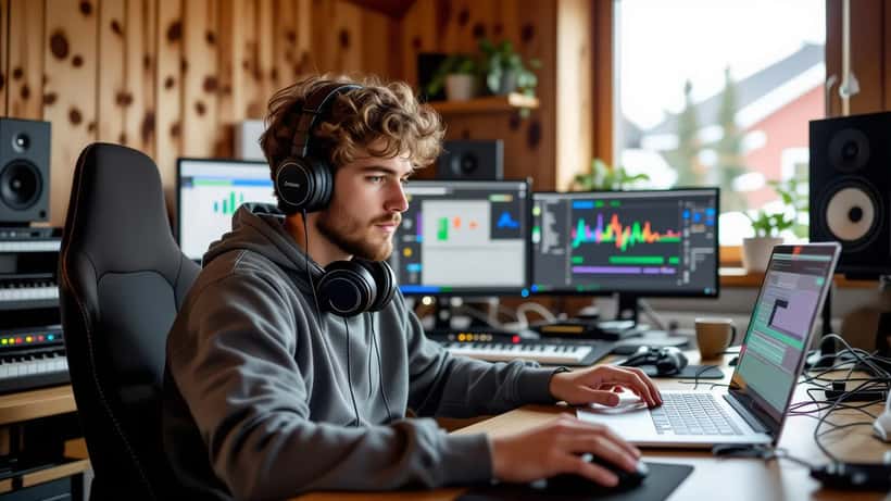 Nuori musiikkituottaja studiossa katsoo juridiikkaan liittyviä dokumentteja kannettavalla tietokoneella