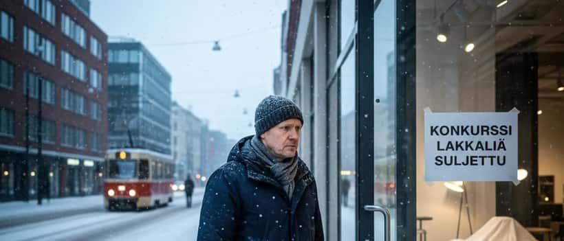 Kuluttaja huolestuneen näköisenä konkurssin myötä suljetun huonekaluliikkeen edessä