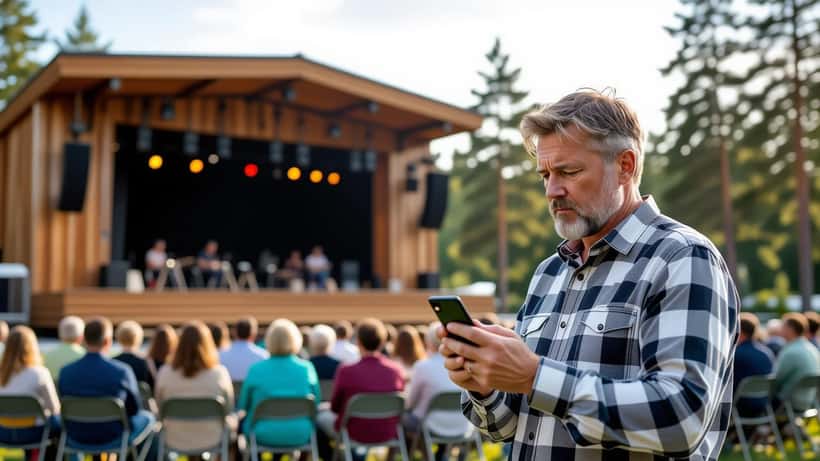 Keski-ikäinen suomalainen mies katsoo huolestuneena puhelintaan kesäteatterin lavan lähellä