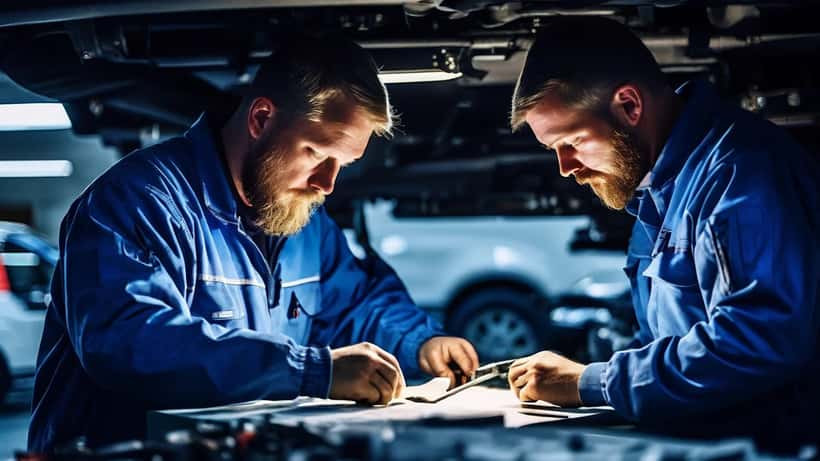 Norsk mekaniker undersøker en varebil i et verksted med sjekkliste og diagnostikkutstyr