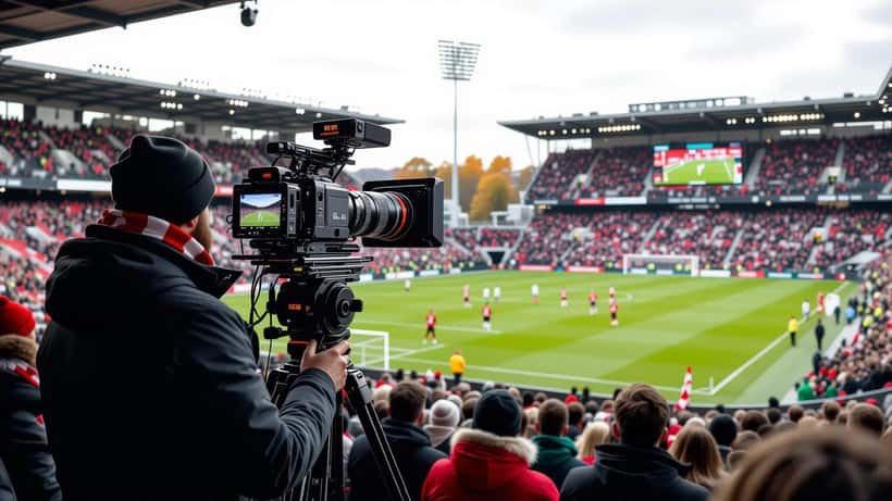 TV-kamera og fotballsupportere i tribunen på norsk stadion