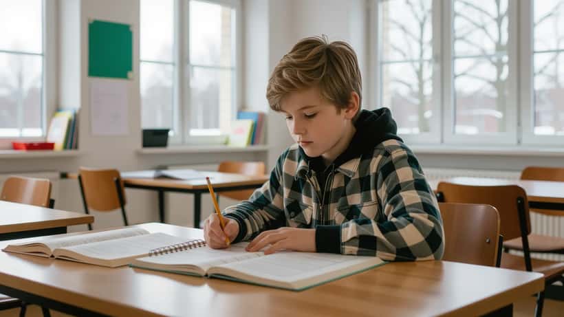 Lapsi kirjoittaa muistikirjaan puukoululuokassa, tabletti syrjässä pöydällä, aamuvalo ikkunasta