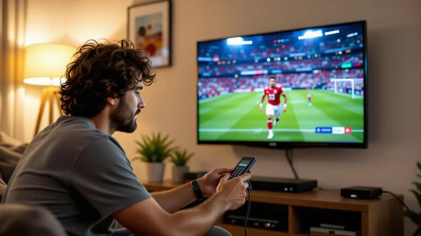 Técnico em eletrônicos ajustando cabo HDMI atrás de uma smart TV com jogo de futebol ao vivo na tela