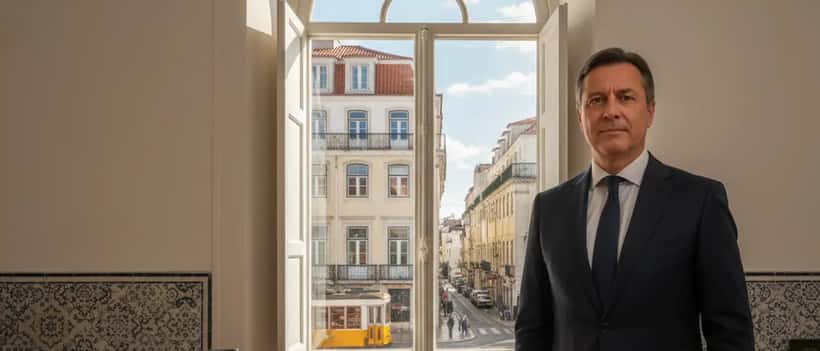 Advogado português de fato escuro junto a janela iluminada em escritório de advocacia em Lisboa