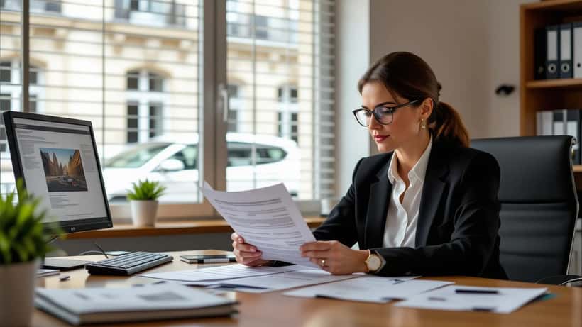Femme consultant des documents juridiques après un accident avec un véhicule de police à Bordeaux