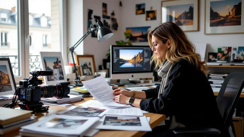 Réalisatrice examinant des documents juridiques et des photographies dans un bureau éditorial parisien