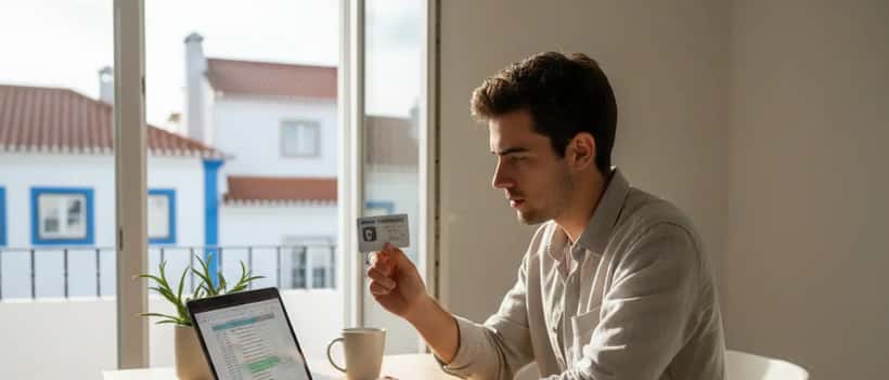 Jovem adulto a rever documentação de carta de condução num escritório moderno em Portugal