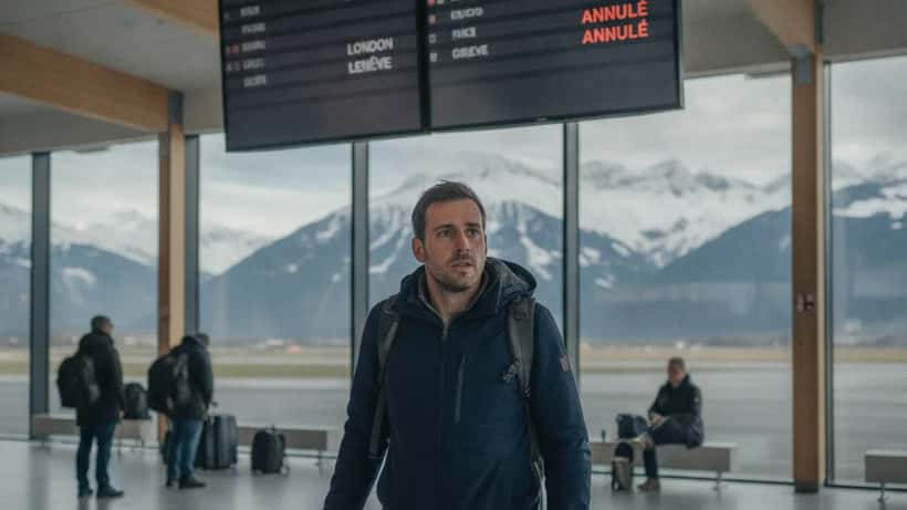 Passager devant un tableau de départs affichant des vols annulés dans un aéroport régional suisse