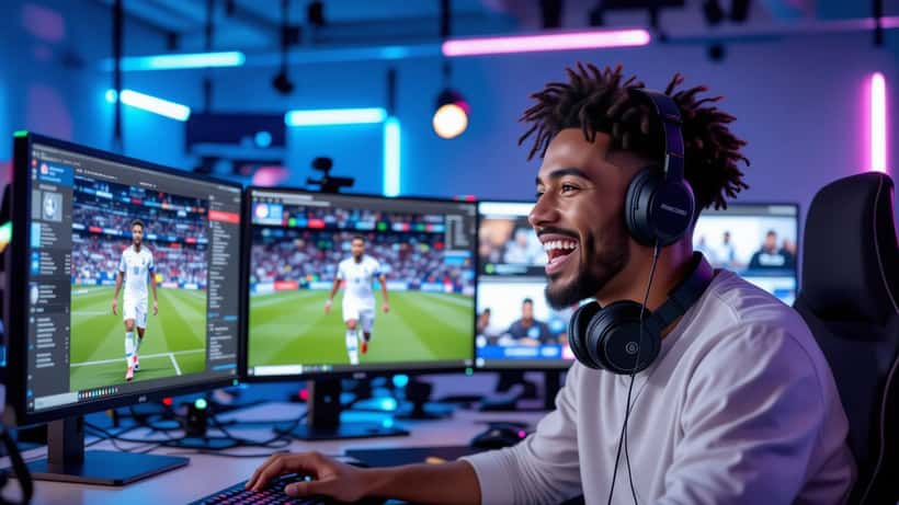 Streamer brasileiro apresentando transmissão ao vivo da Copa do Mundo 2026 com milhões de espectadores no estúdio