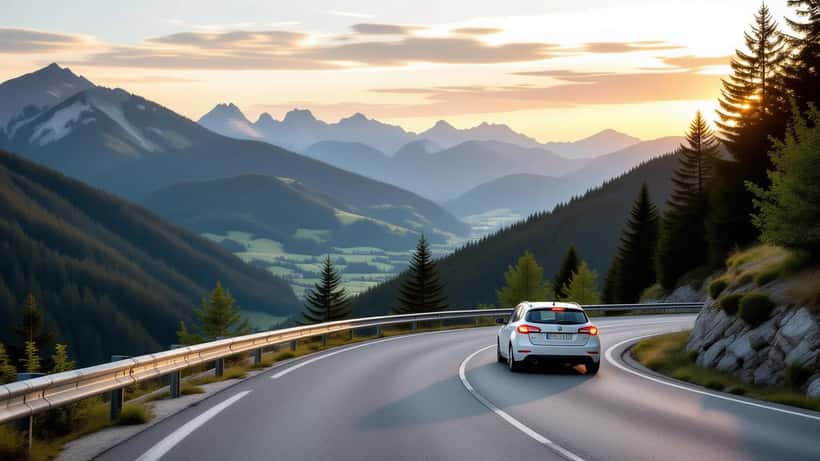 Voiture descendant la route sinueuse du col du Ballon d'Alsace en été