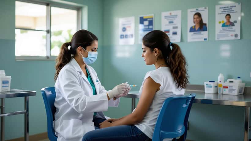 Enfermeira administra vacina HPV em adolescente em unidade básica de saúde no Brasil