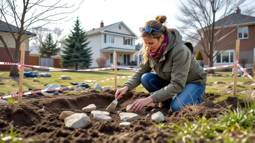 Archaeologist excavating artifacts at a residential property in Ottawa with caution tape and suburban house in background