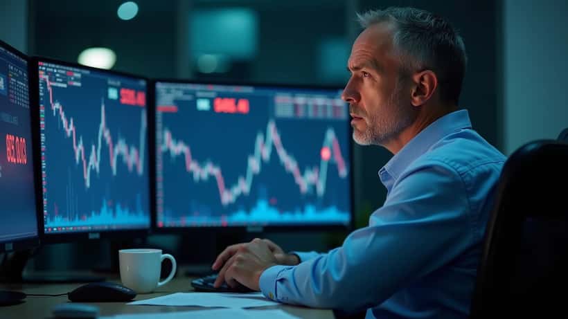 Australian investor looking at declining ASX stock charts on office screens during Middle East conflict news