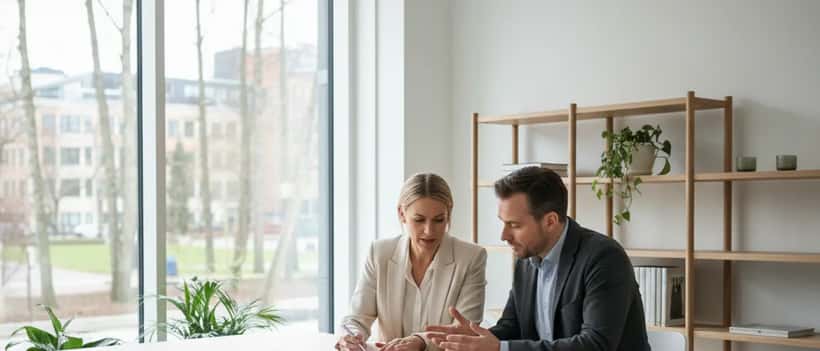 Svensk kvinna och man i modernt kontor som diskuterar anställningsavtal