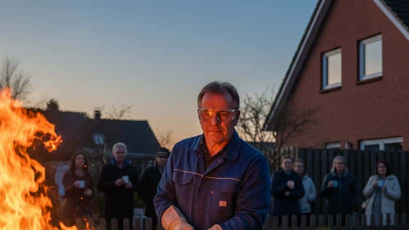 Mann beobachtet sicher ein Osterfeuer in Hamburg mit Schutzausrüstung und Sicherheitsabstand