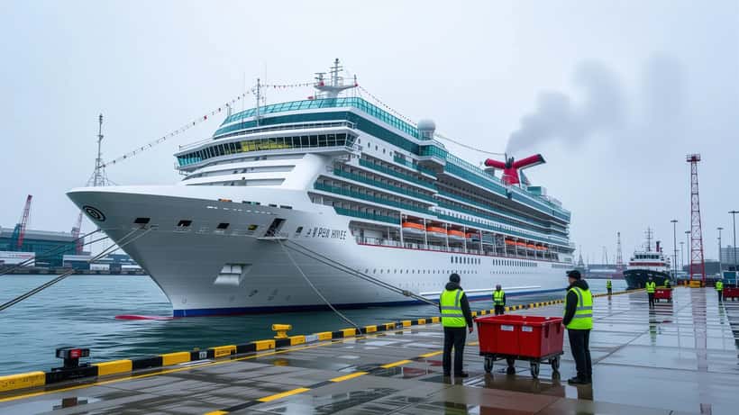 Paquebot de croisière à quai avec des agents sanitaires portuaires sur le quai