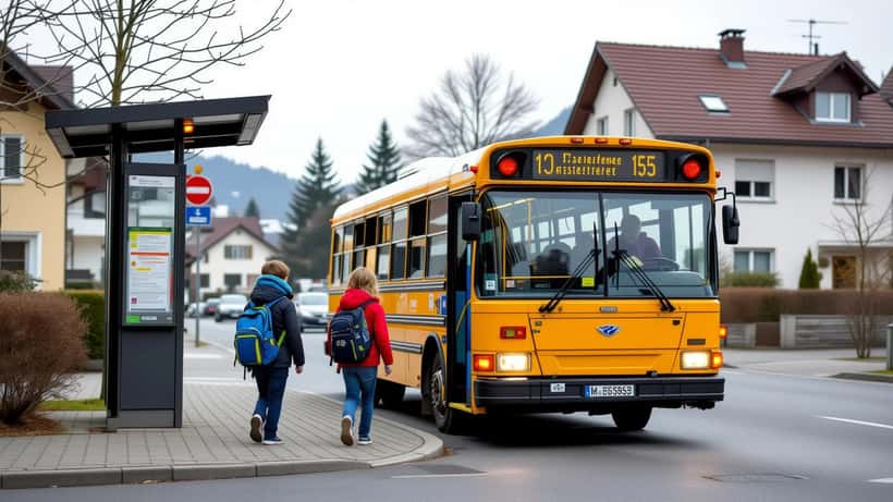 Schulbus hält an einer deutschen Bushaltestelle — Sicherheit und Haftung bei Schulbusunfällen 2026
