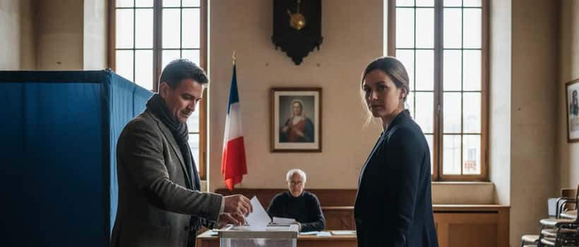 Deux électeurs français dans un bureau de vote lors du second tour des élections municipales 2026