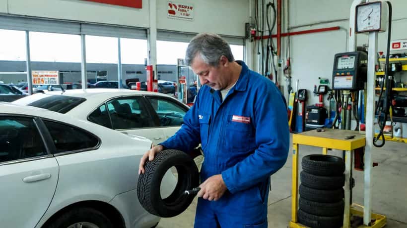 Mécanicien vérifiant la pression des pneus dans un atelier automobile au Québec