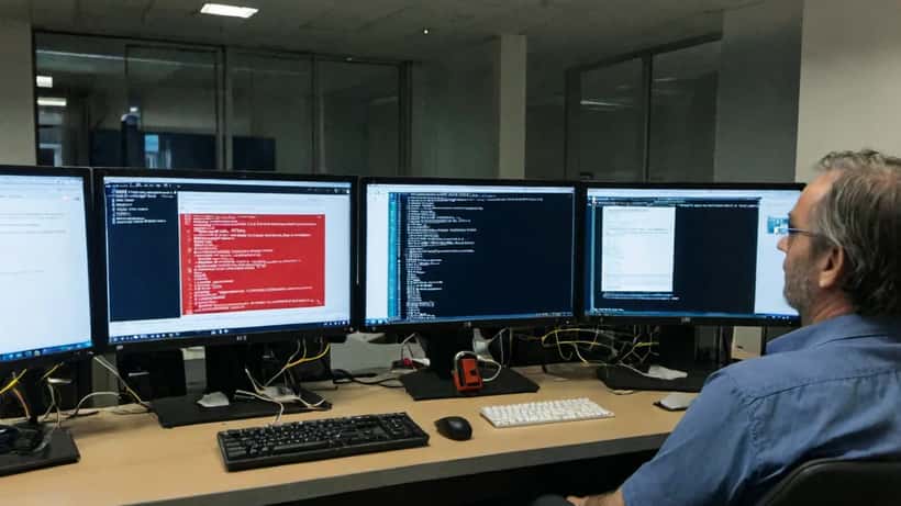 Informaticien scrutant un écran affichant une alerte ransomware dans un bureau à Zurich