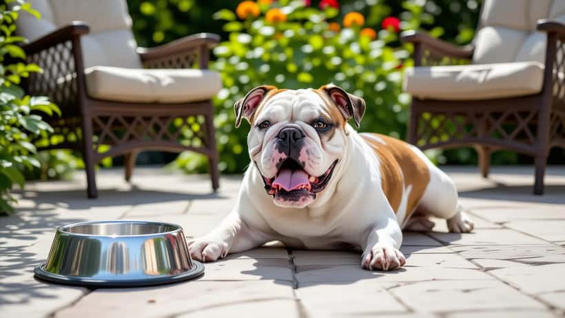 Engelsk bulldog med åben mund og tunge ud, tydeligvis overvældet af sommervarmen i en solbeskinnet dansk baghave