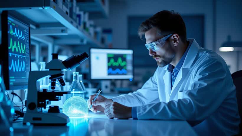 Neurovetenskap laboratorium med fiberoptik och blått laserljus — optogenetik forskning