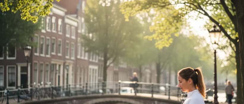 Vrouw in sportkleding op parkbank in Amsterdam, kalm gefocust kijkend naar telefoon, mindfulness oefenend