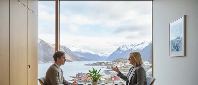Ung norsk mann i psykologtime, åpen samtale om rusmestring og psykisk helse