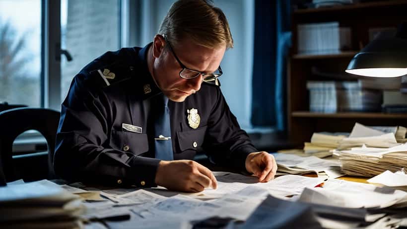 Poliisitutkija tarkastaa liikenneonnettomuuden asiakirjoja toimistossa