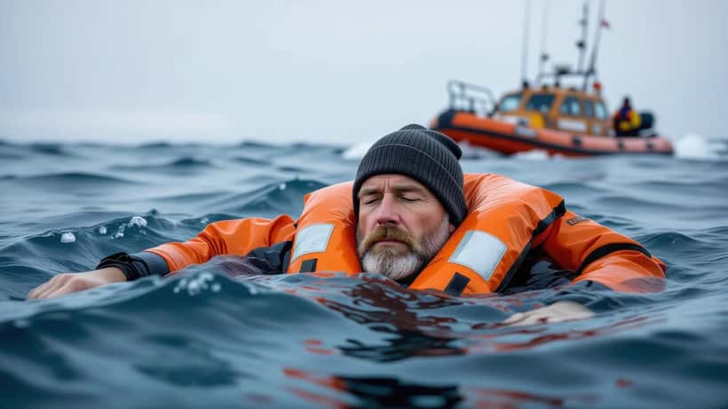 Erschöpfter Mann in Rettungsweste treibt in der Nordsee, Rettungsboot nähert sich