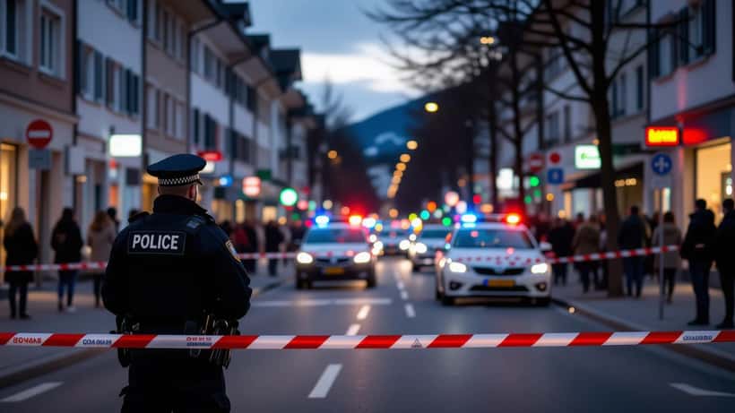 Rue résidentielle de Winterthour bouclée par un ruban de police au crépuscule, ambulance et gyrophares en arrière-plan