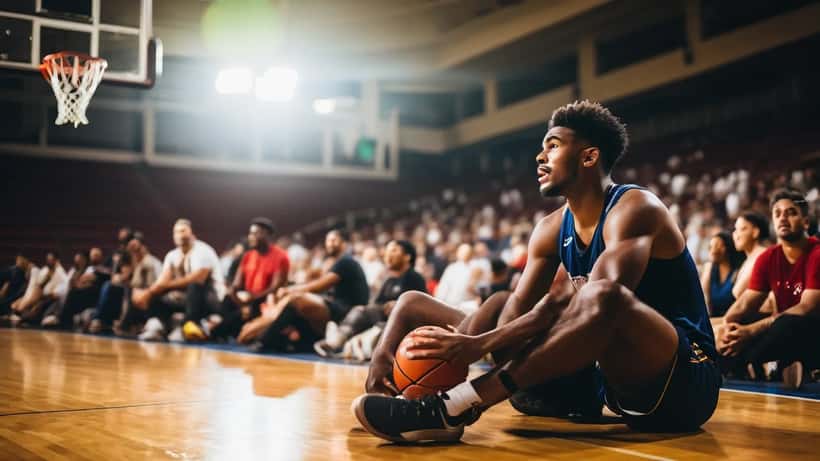 Jogador de basquete brasileiro caído na quadra segurando o joelho com dor durante partida em arena indoor
